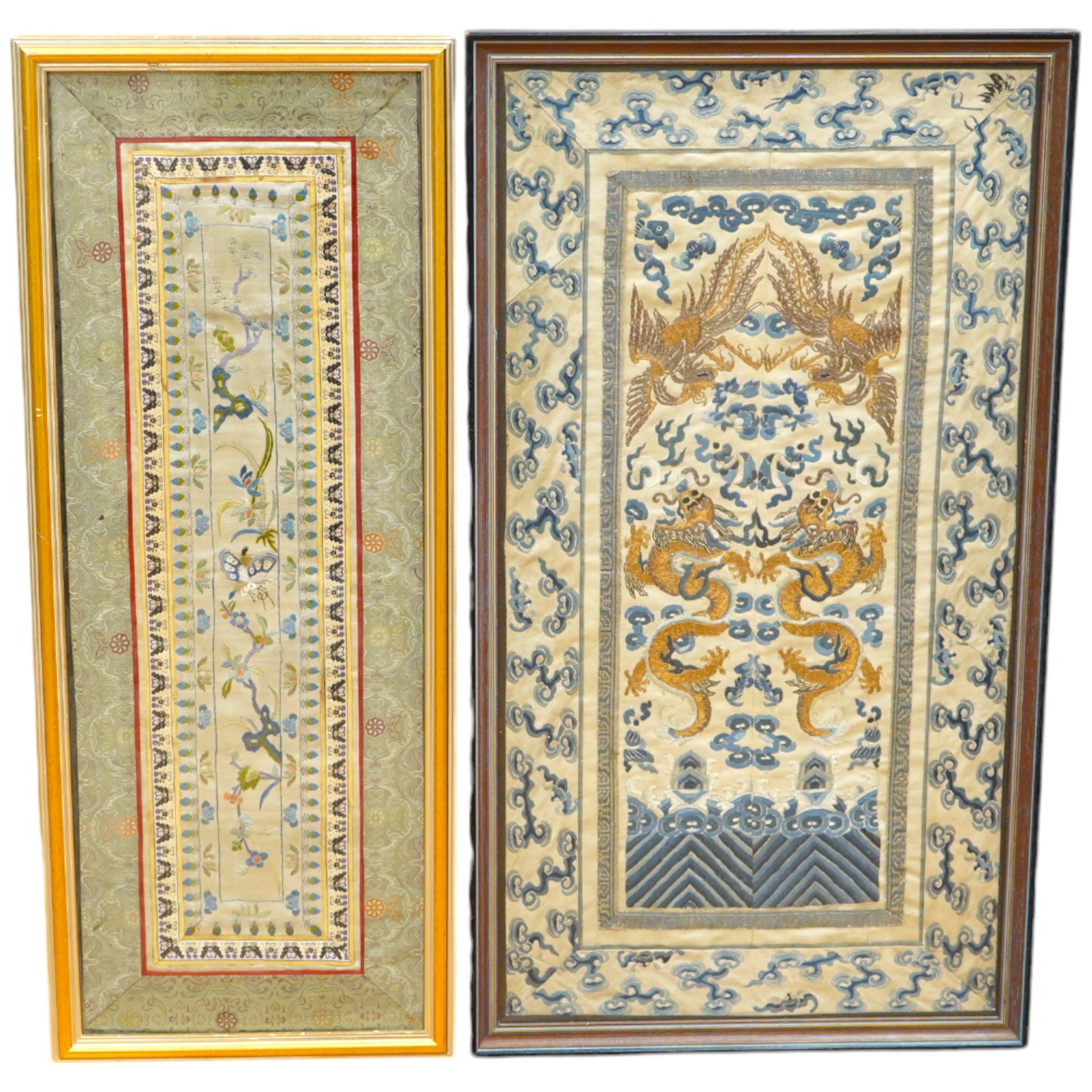 Two framed pairs of early 20th century Chinese silk embroidered sleeve bands; one pair embroidered in blue with Chinese knot as ornate bat motifs surrounded by floral motifs, edged in fine braiding and a black satin, sil